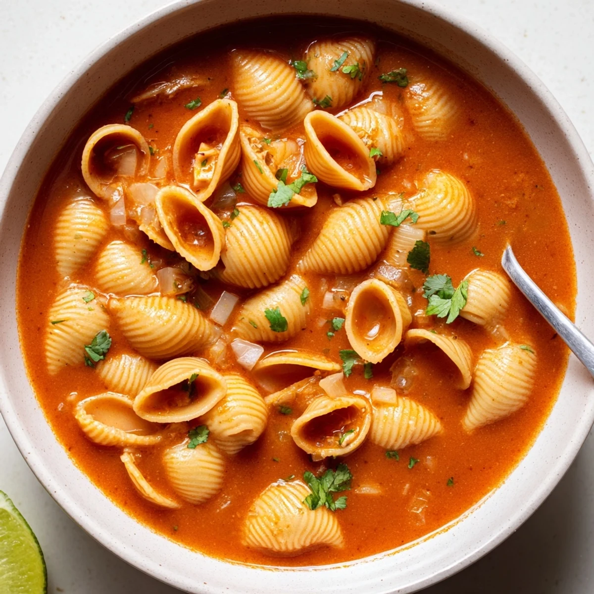 Steaming bowl of sopa de conchas with golden shell pasta in rich tomato broth