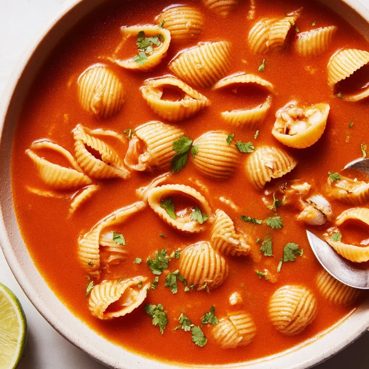 Toasted shell pasta swimming in vibrant red tomato broth topped with fresh cilantro