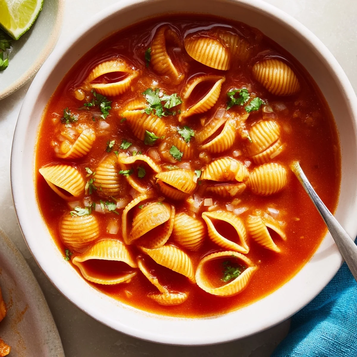 Comforting sopa de conchas served steaming hot with lime wedges and chopped cilantro