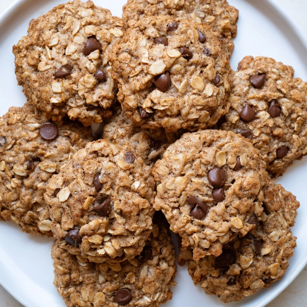 Chewy banana oatmeal cookies studded with chocolate chips arranged on parchment paper