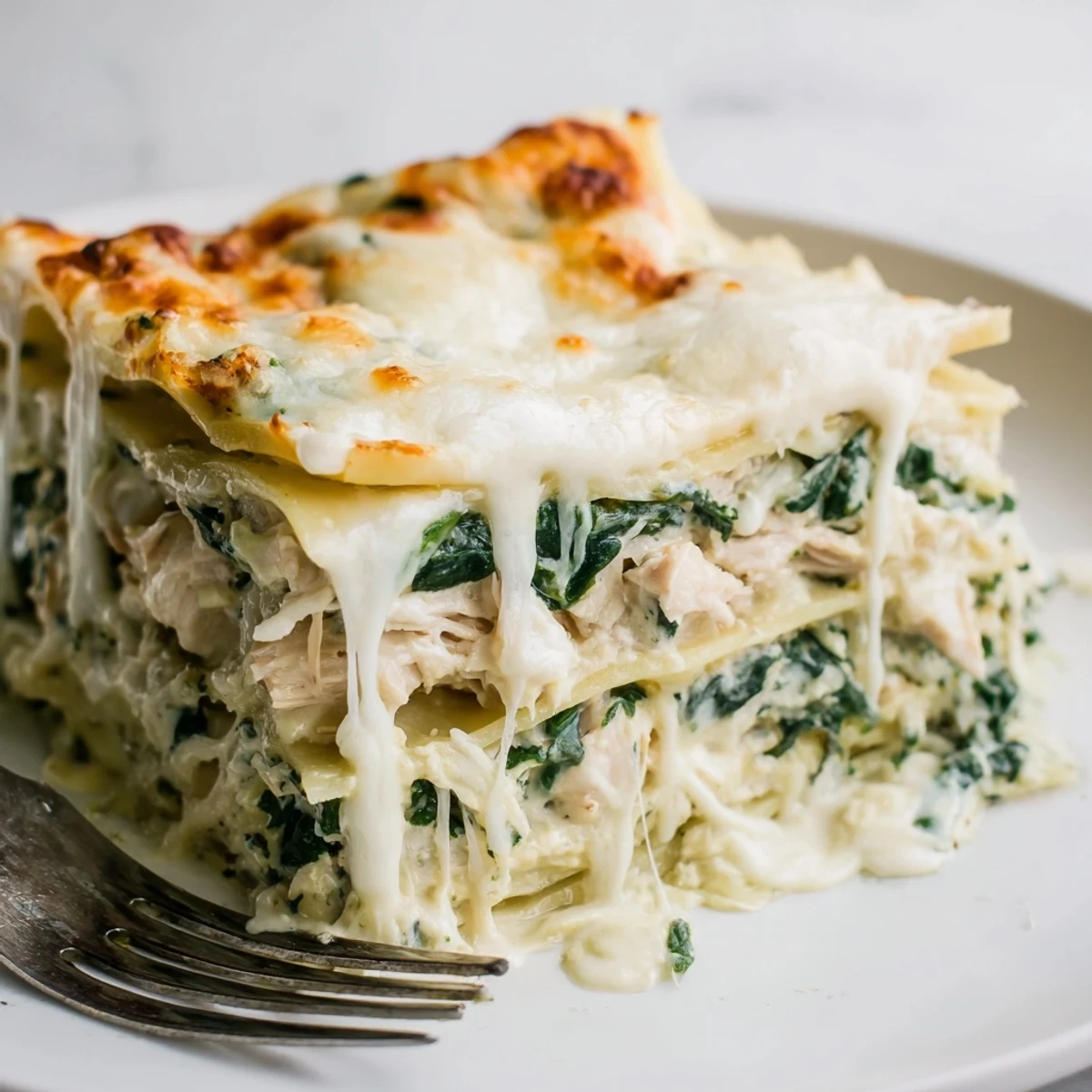Creamy white chicken lasagna with golden melted mozzarella bubbling in a baking dish