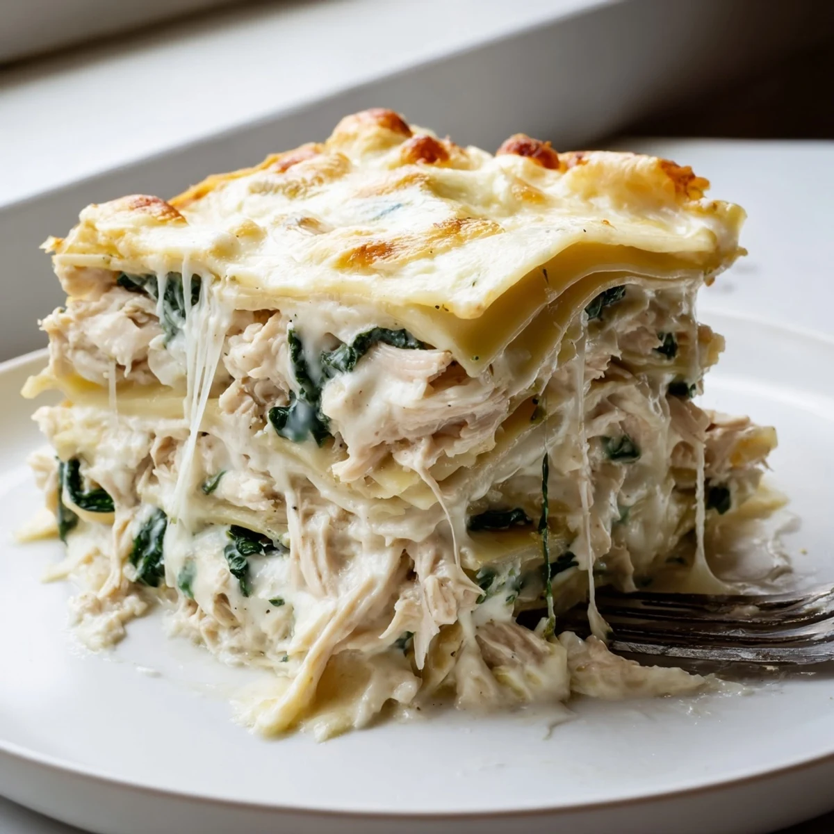 White chicken lasagna sliced square showing cheesy layers spinach and golden baked top