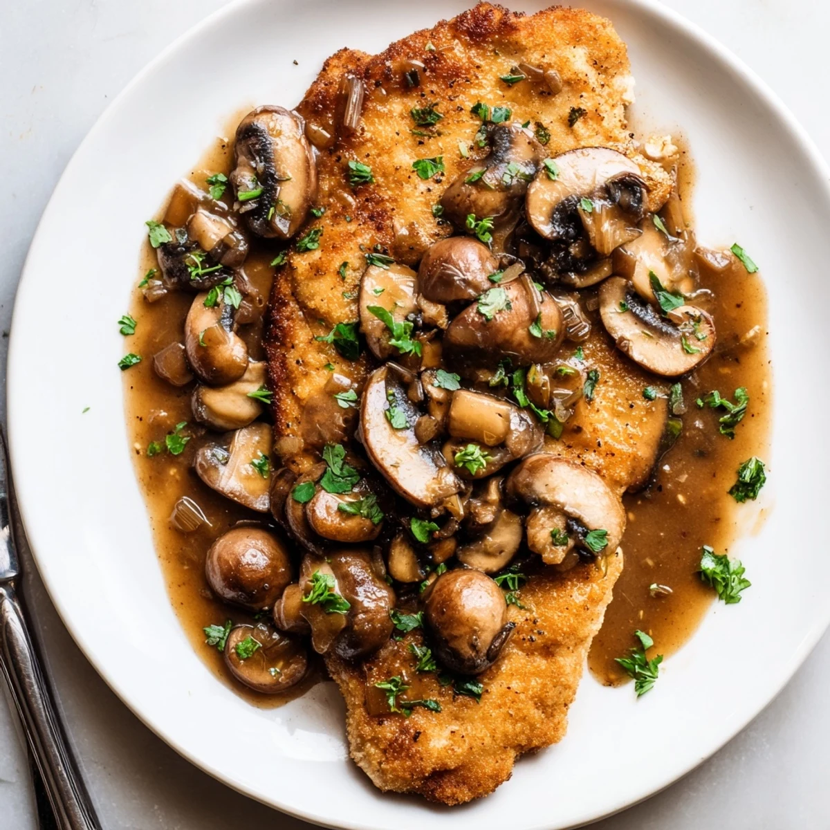 Golden pan-seared dairy free chicken marsala smothered in rich mushroom wine sauce