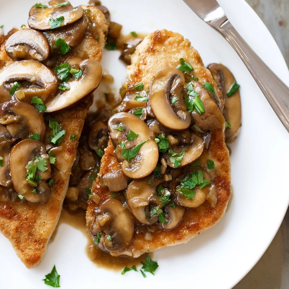 Creamy dairy free chicken marsala plated over pasta garnished with fresh chopped parsley