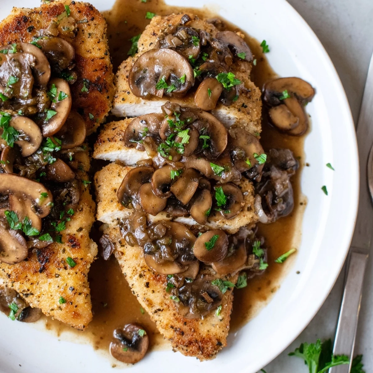 Tender dairy free chicken marsala with caramelized cremini mushrooms in a glossy skillet sauce