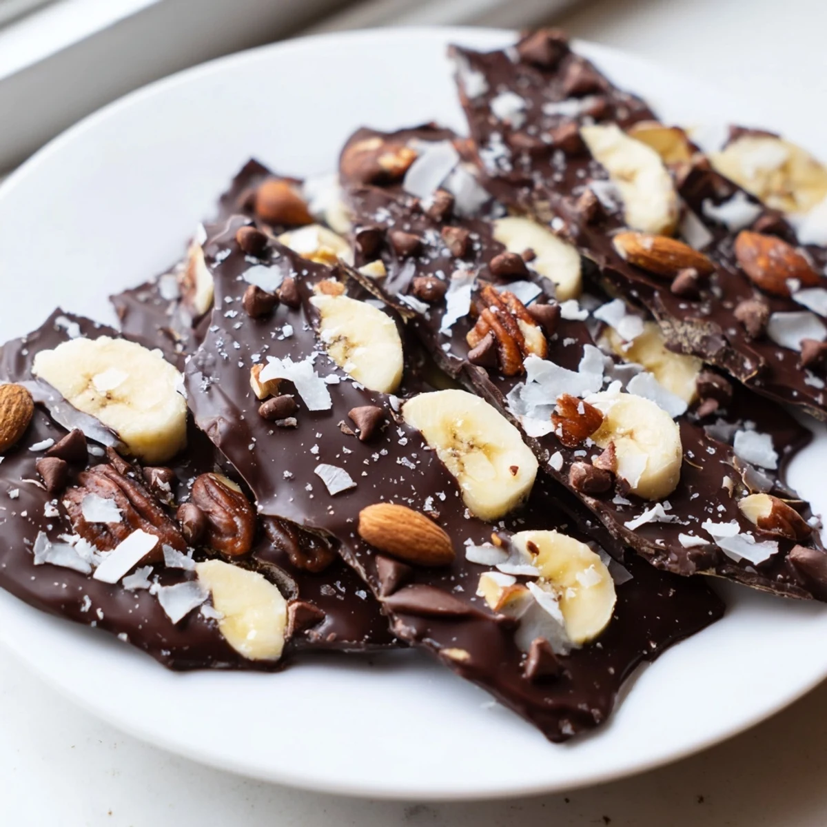 Glossy chocolate banana bark topped with crunchy roasted nuts and flaky sea salt
