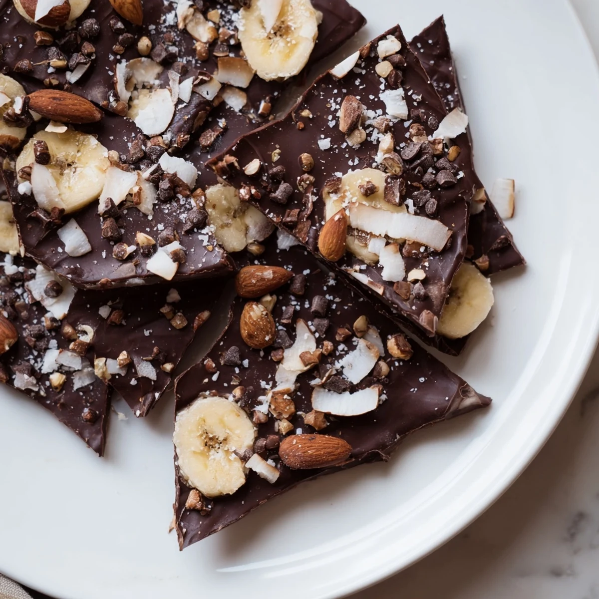 Cracked chocolate banana bark pieces studded with almonds and mini chocolate chips