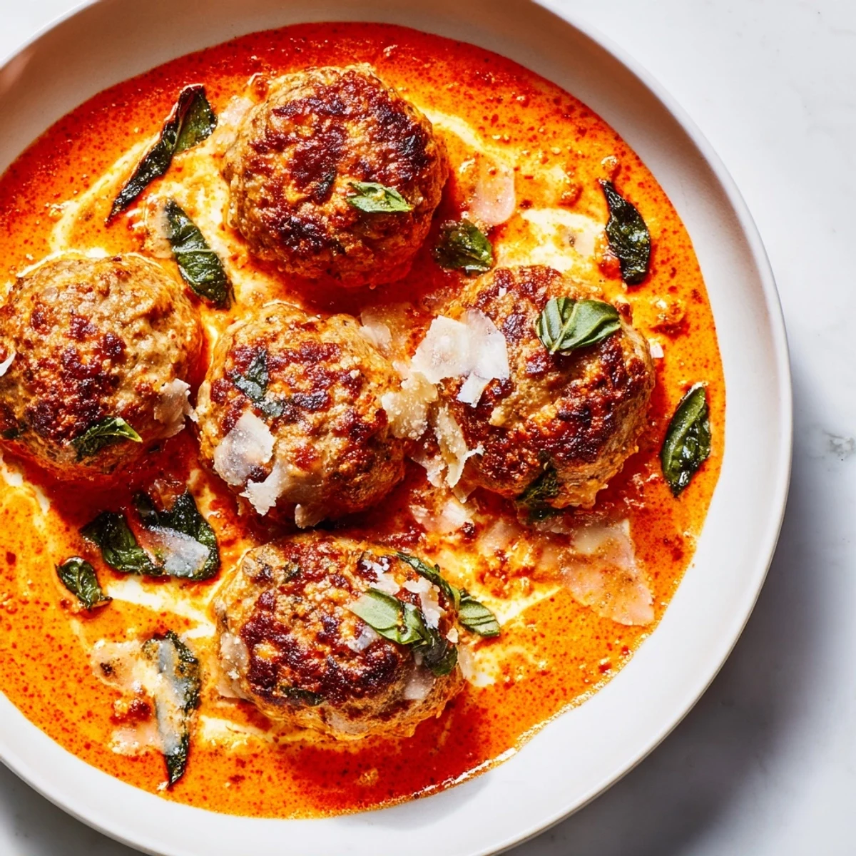 Creamy Tomato Basil Meatballs nestled in a velvety red sauce with fresh green basil leaves