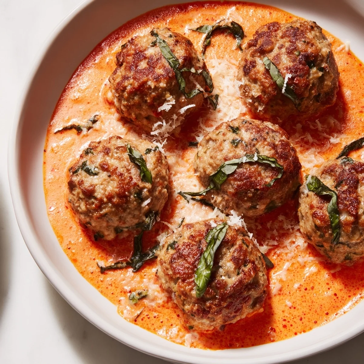 Golden-brown Creamy Tomato Basil Meatballs swimming in a rich, parmesan-topped tomato cream sauce