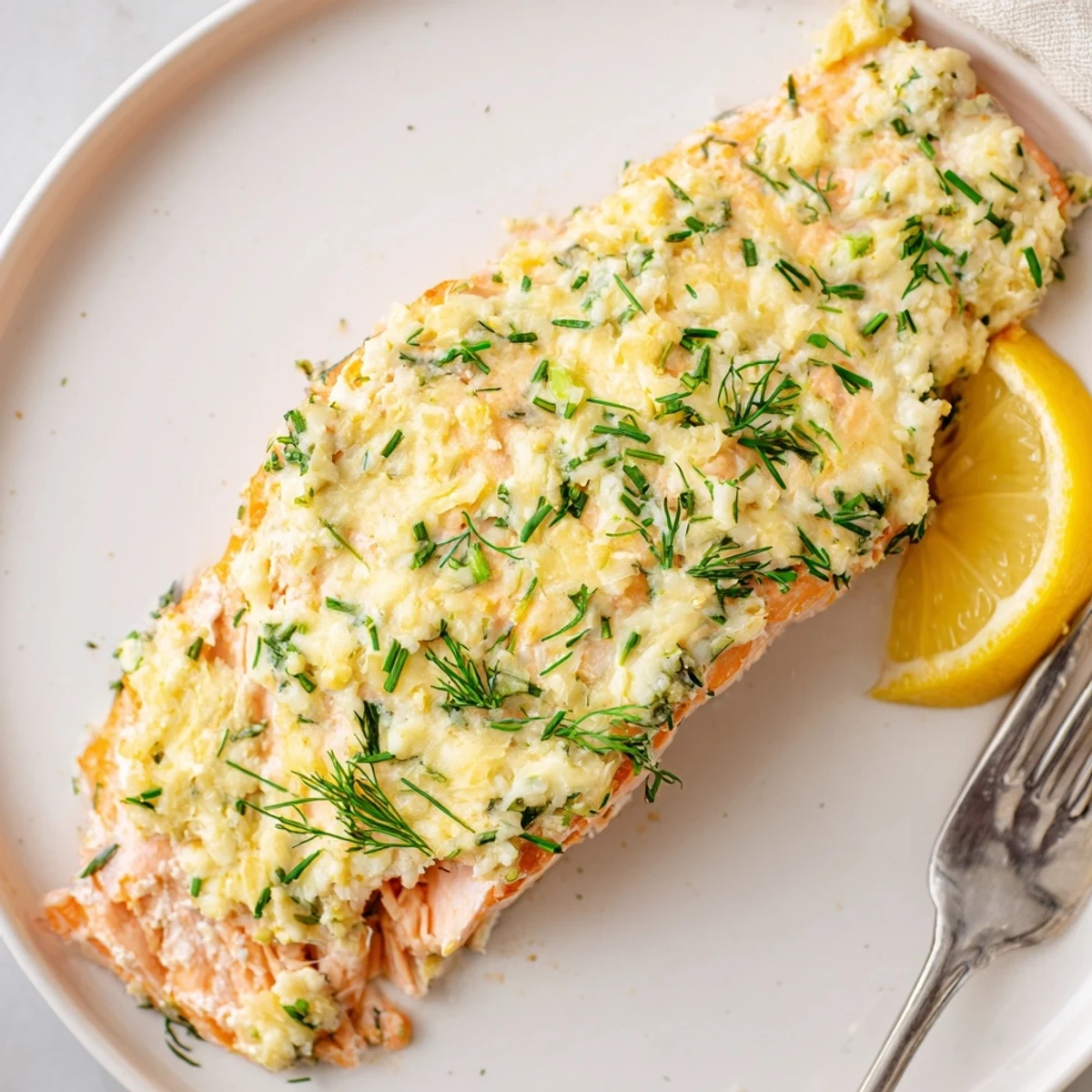 Herb-crusted Boursin salmon on parchment, topped with melted cheese and chives