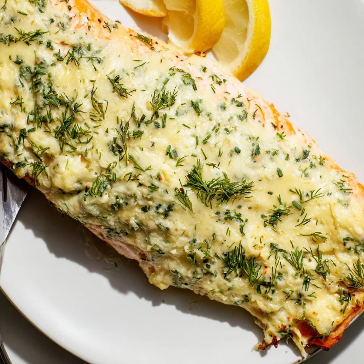 Creamy Boursin salmon fillets baked golden and served with fresh lemon wedges