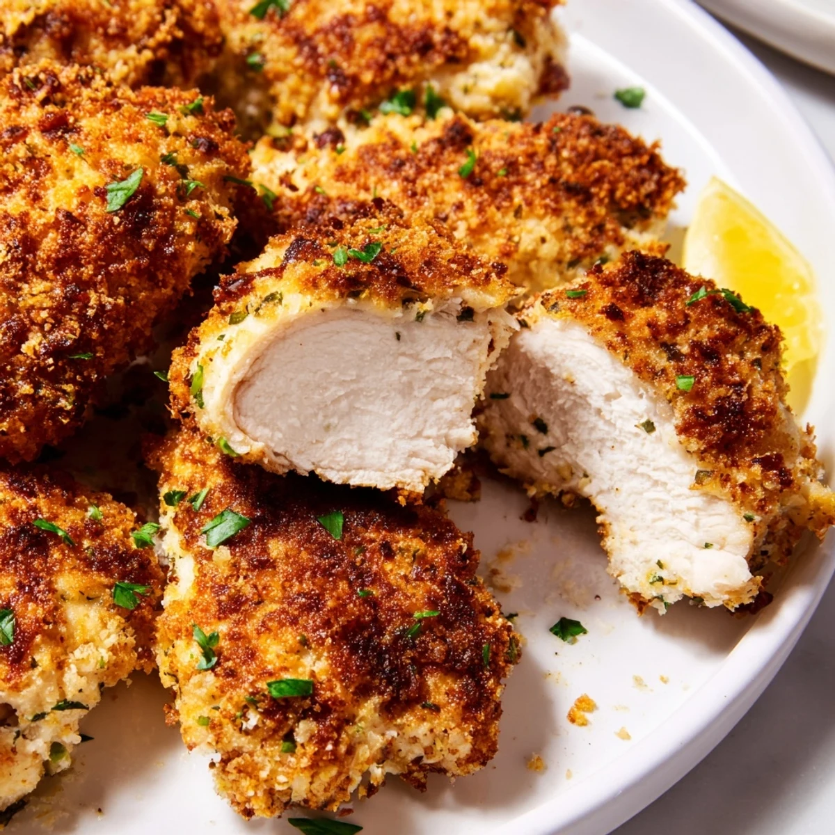 Juicy Paprika Parmesan Chicken sliced open showing tender meat with a vibrant herb garnish