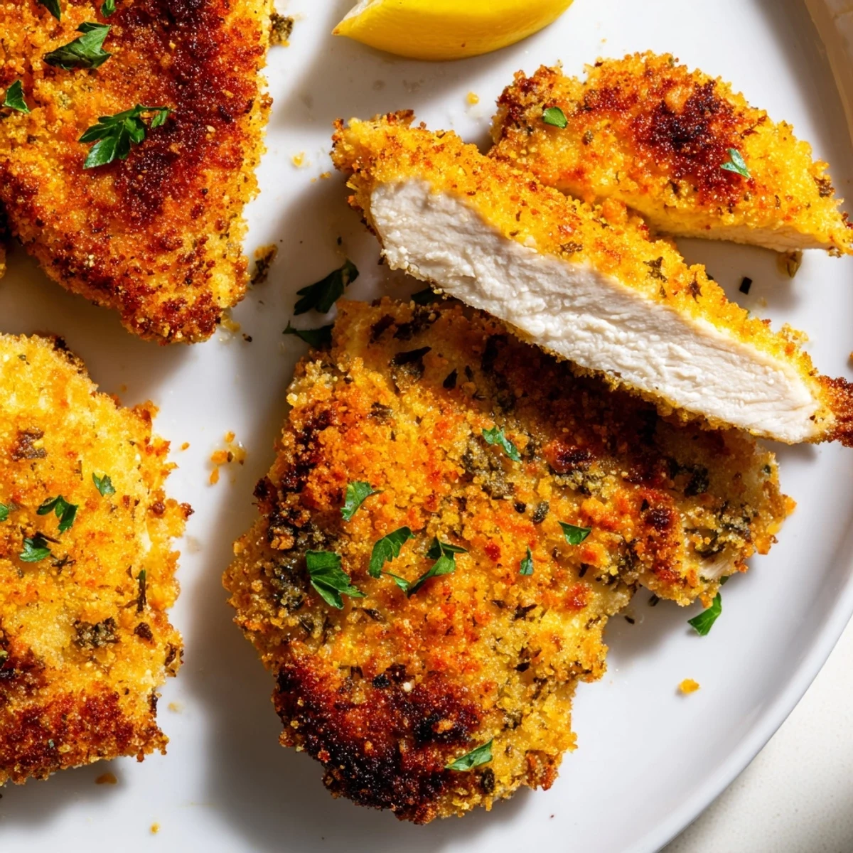 Crusty baked Paprika Parmesan Chicken served alongside roasted vegetables and bright lemon wedges