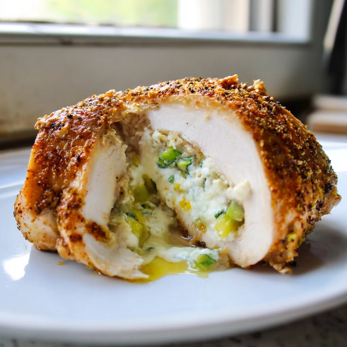 Juicy sliced goat cheese chicken revealing creamy chive and lemon herb stuffing inside