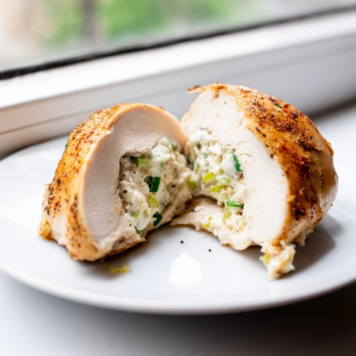 Golden goat cheese chicken breasts with melted herb filling on a rustic baking dish