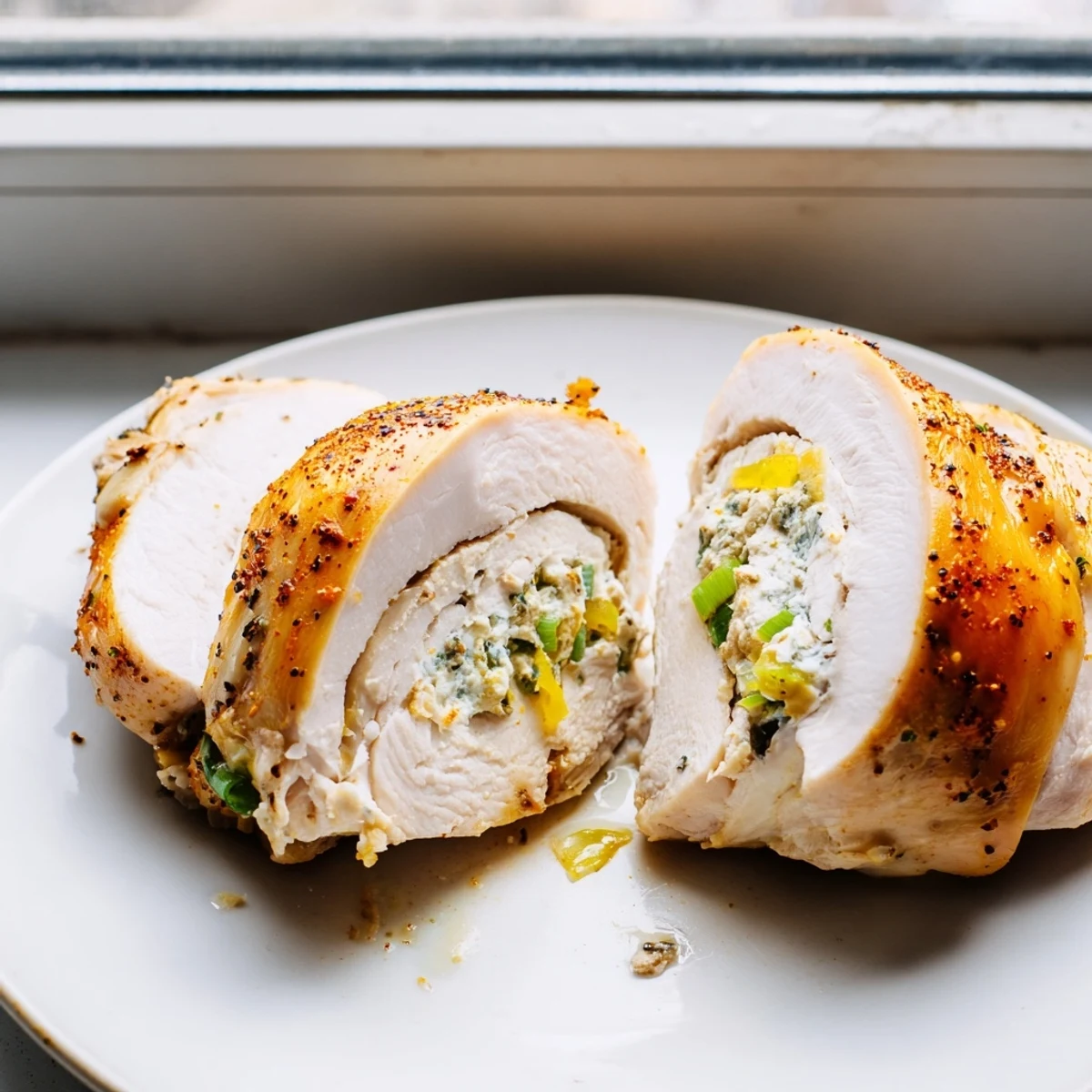 Perfectly baked goat cheese chicken garnished with fresh parsley on a white serving plate