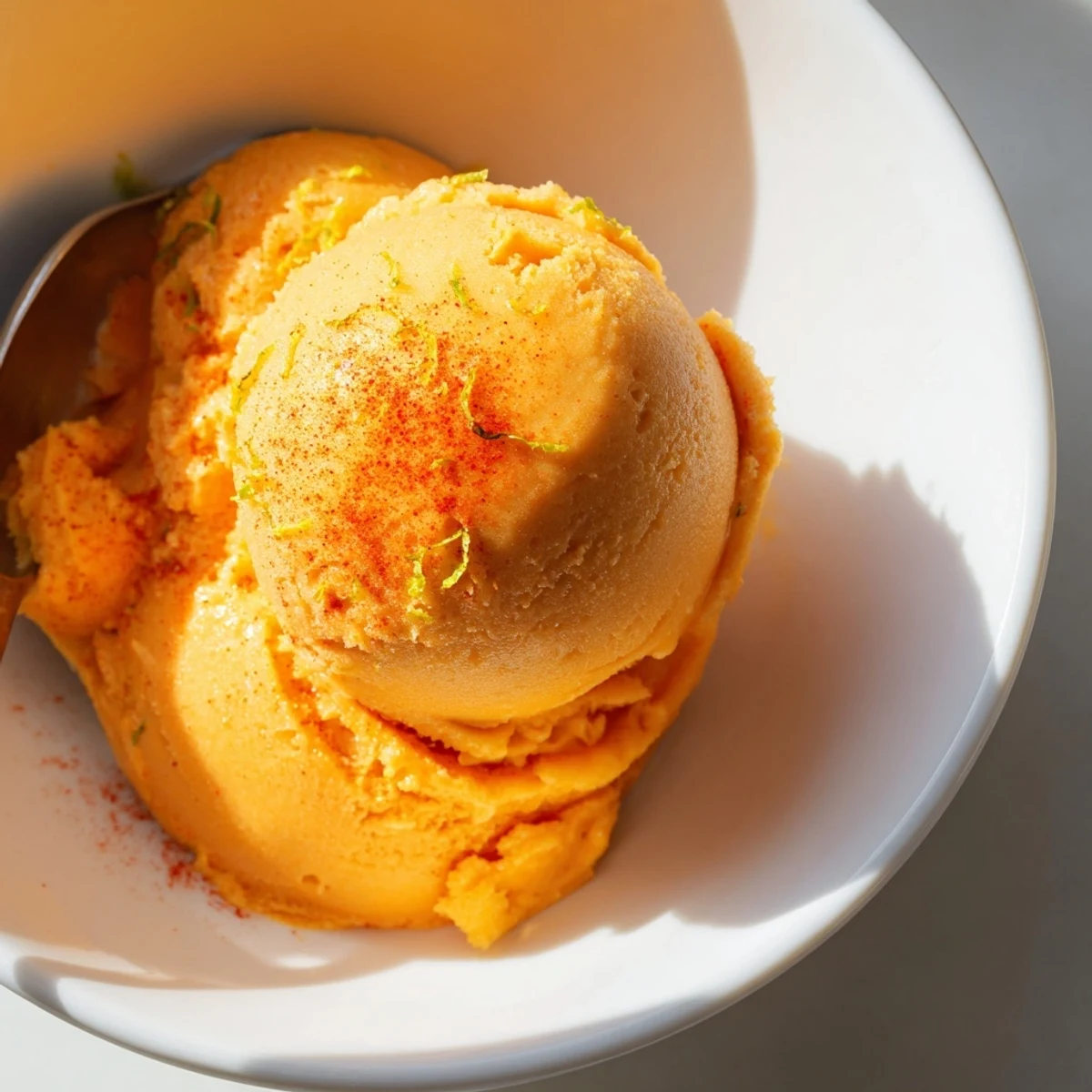 Creamy chili lime mango sorbet scooped into bowls with a dusting of spice