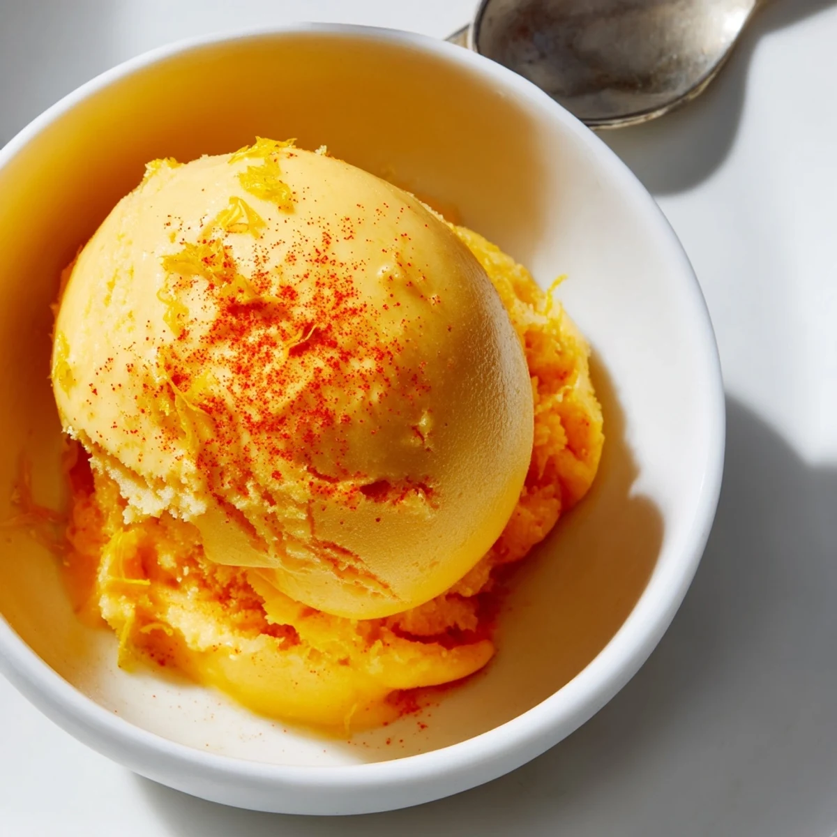 Golden creamy chili lime mango sorbet glistening with tropical zest and warmth