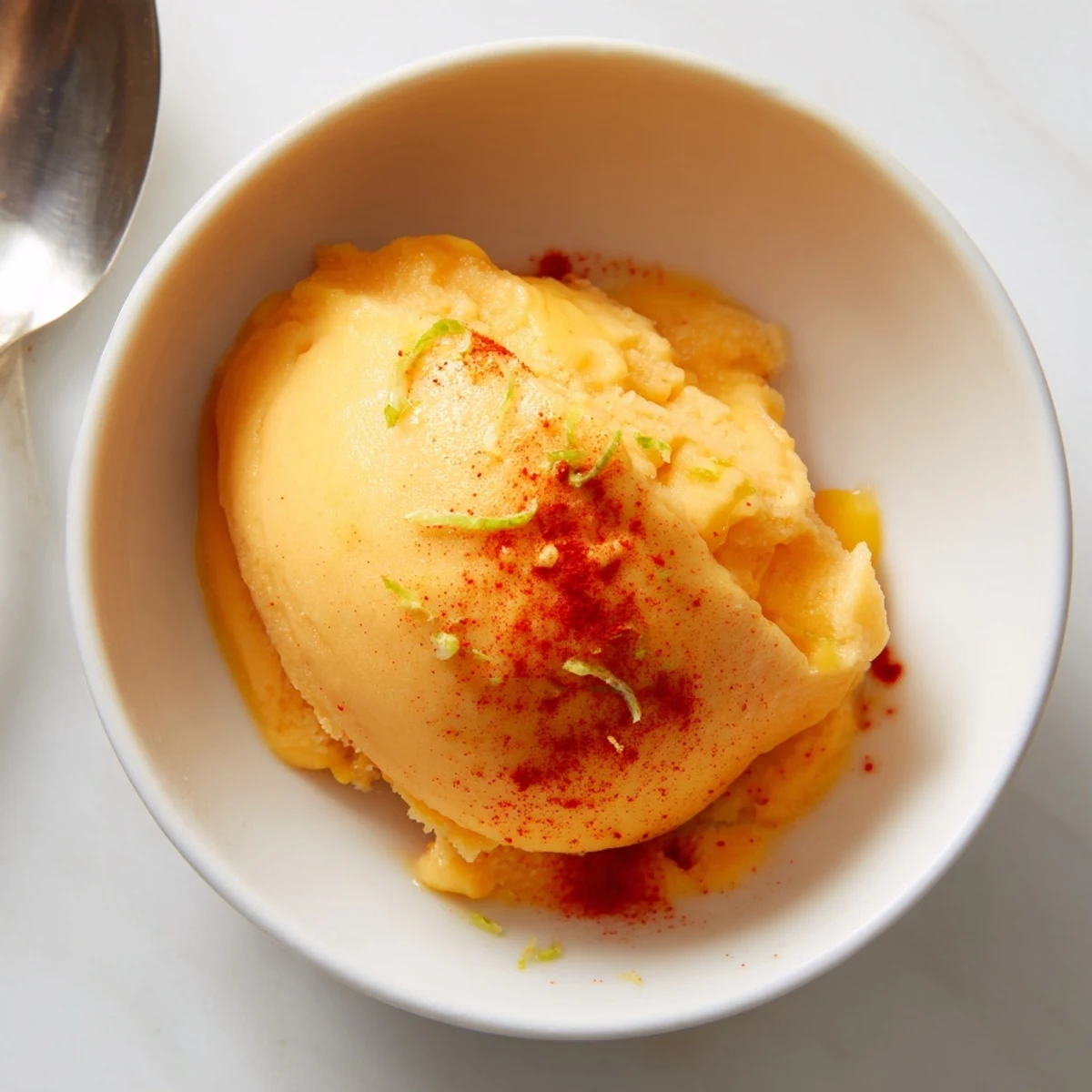 Vibrant creamy chili lime mango sorbet served in coconut-rimmed chilled dessert glasses