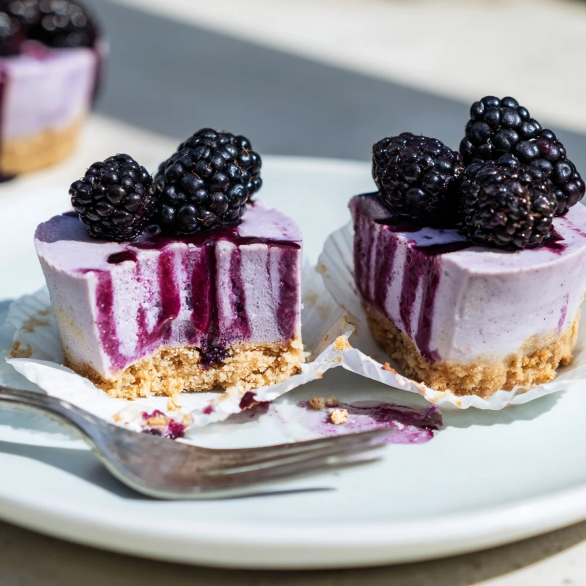 Mini Blackberry Lavender Cheesecakes with fresh berries atop a buttery graham crust