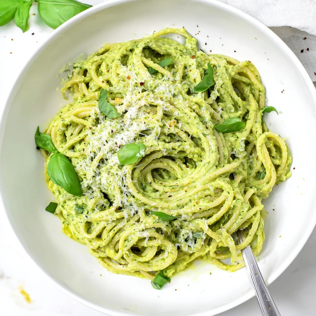 Vibrant green goddess pasta sauce blended with avocado basil and a lemon drizzle