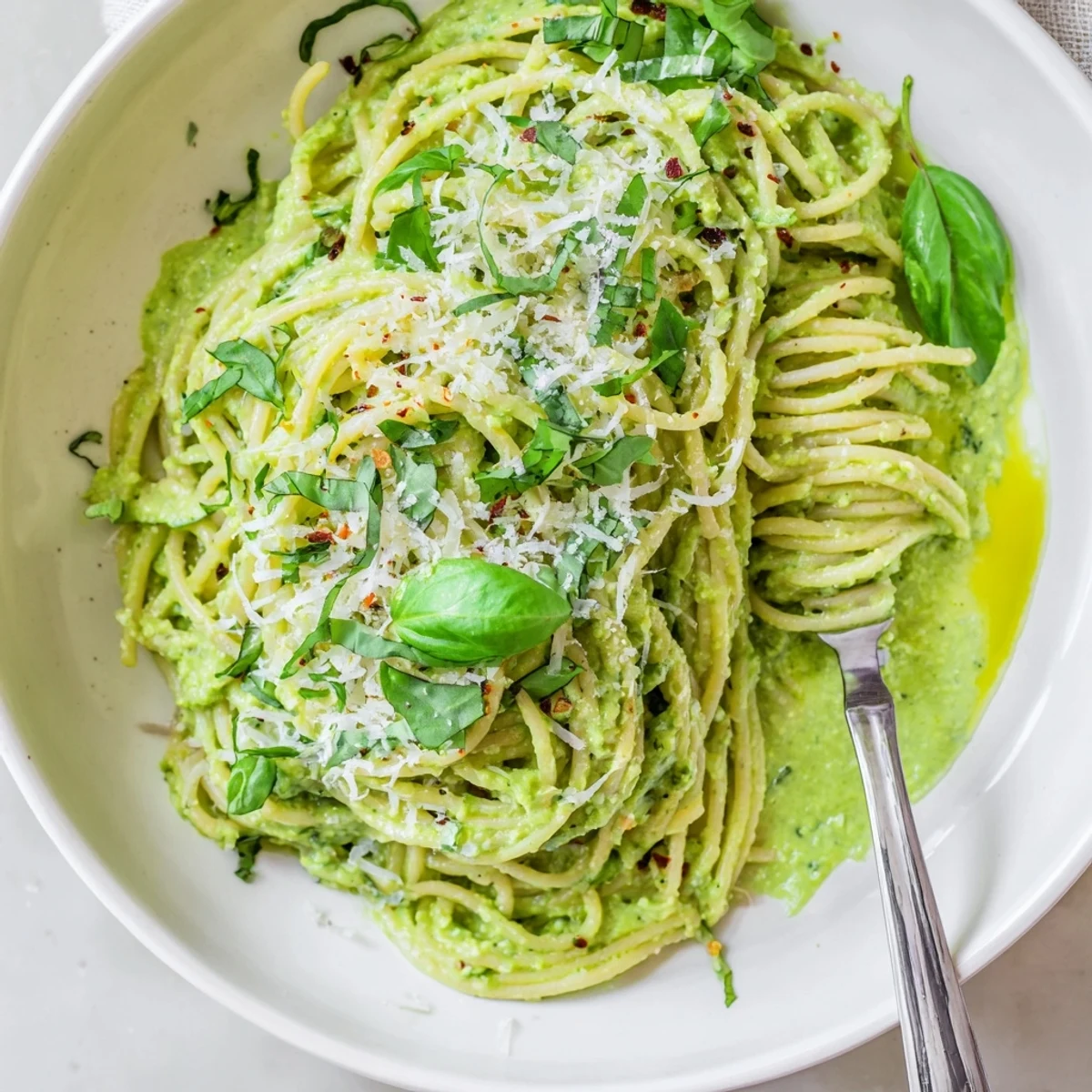 Creamy green goddess pasta sauce coated over tender noodles with fresh herb garnish