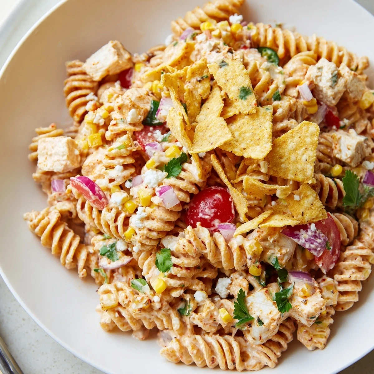 Creamy Mexican street corn chicken pasta salad topped with crushed tortilla chips and crumbled Cotija cheese