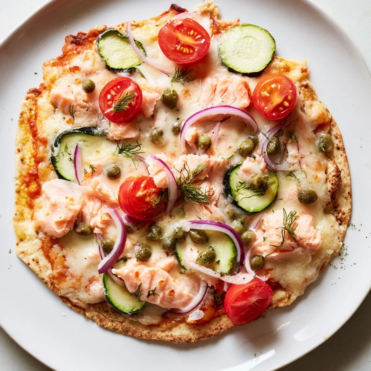 Crispy leftover salmon tortilla pizza with melted mozzarella and fresh herbs on a golden crust