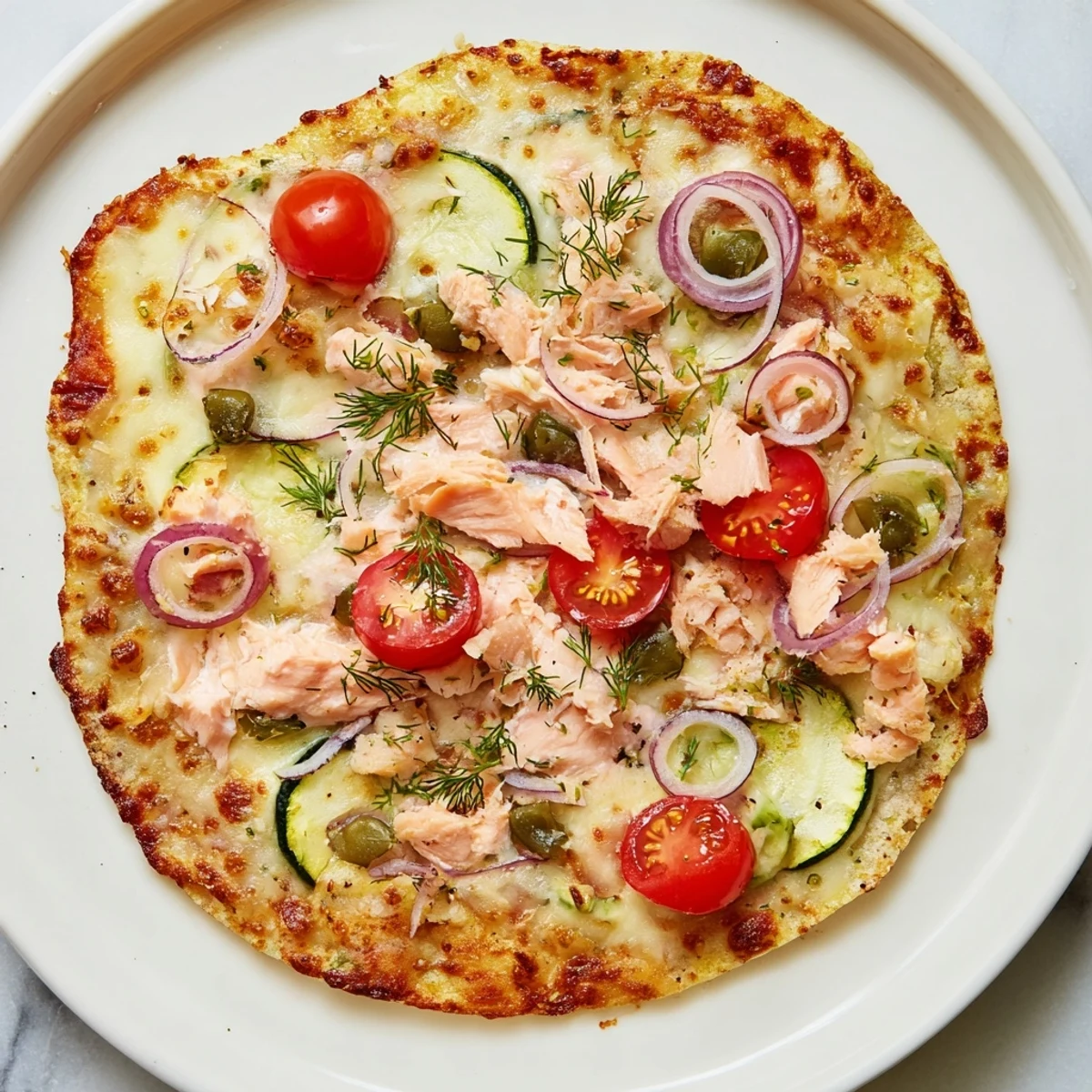 Leftover salmon tortilla pizza topped with cherry tomatoes, capers, and bubbling cheese