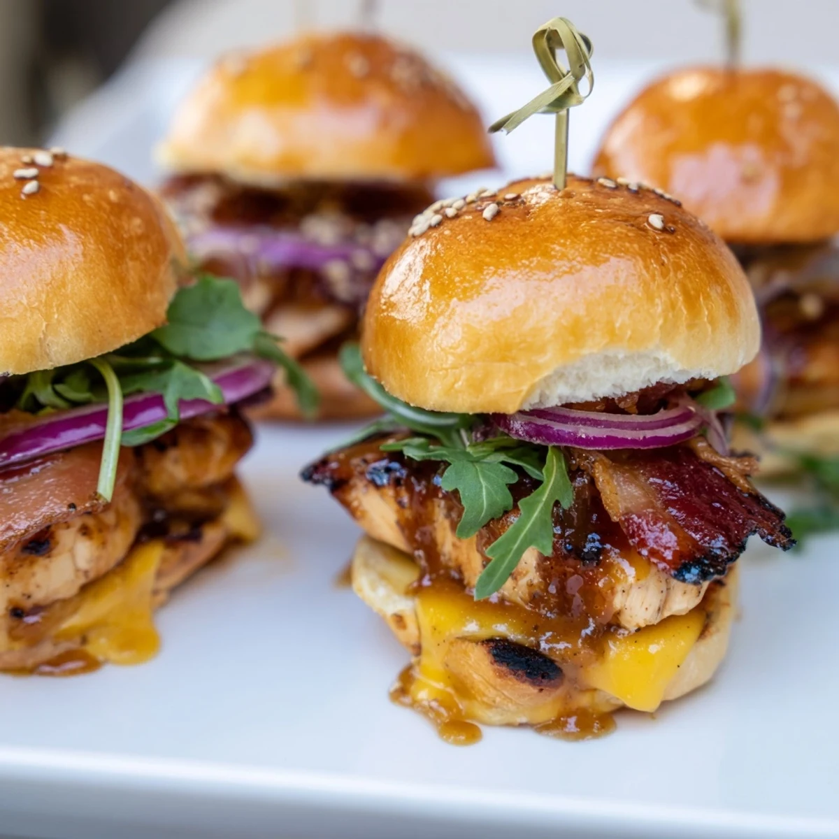 Golden maple chicken bacon sliders with melted cheese on toasted brioche buns
