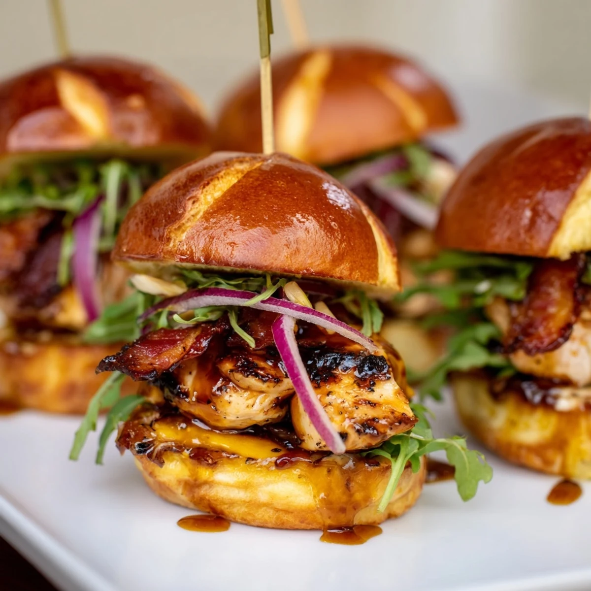 Warm maple chicken bacon sliders stacked with fresh arugula and melty gouda