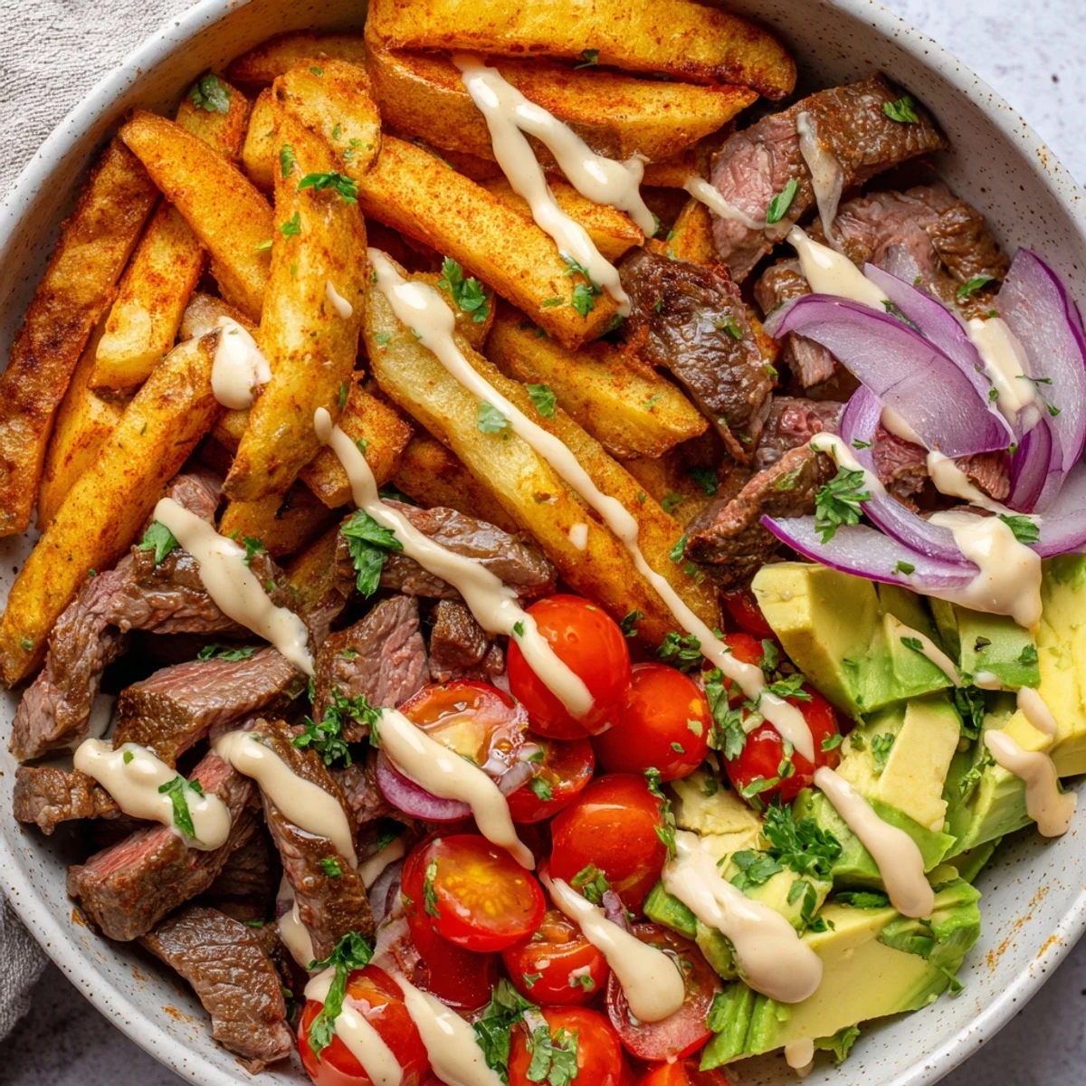Crispy steak strips and golden fries bowl drizzled with tangy creamy sauce