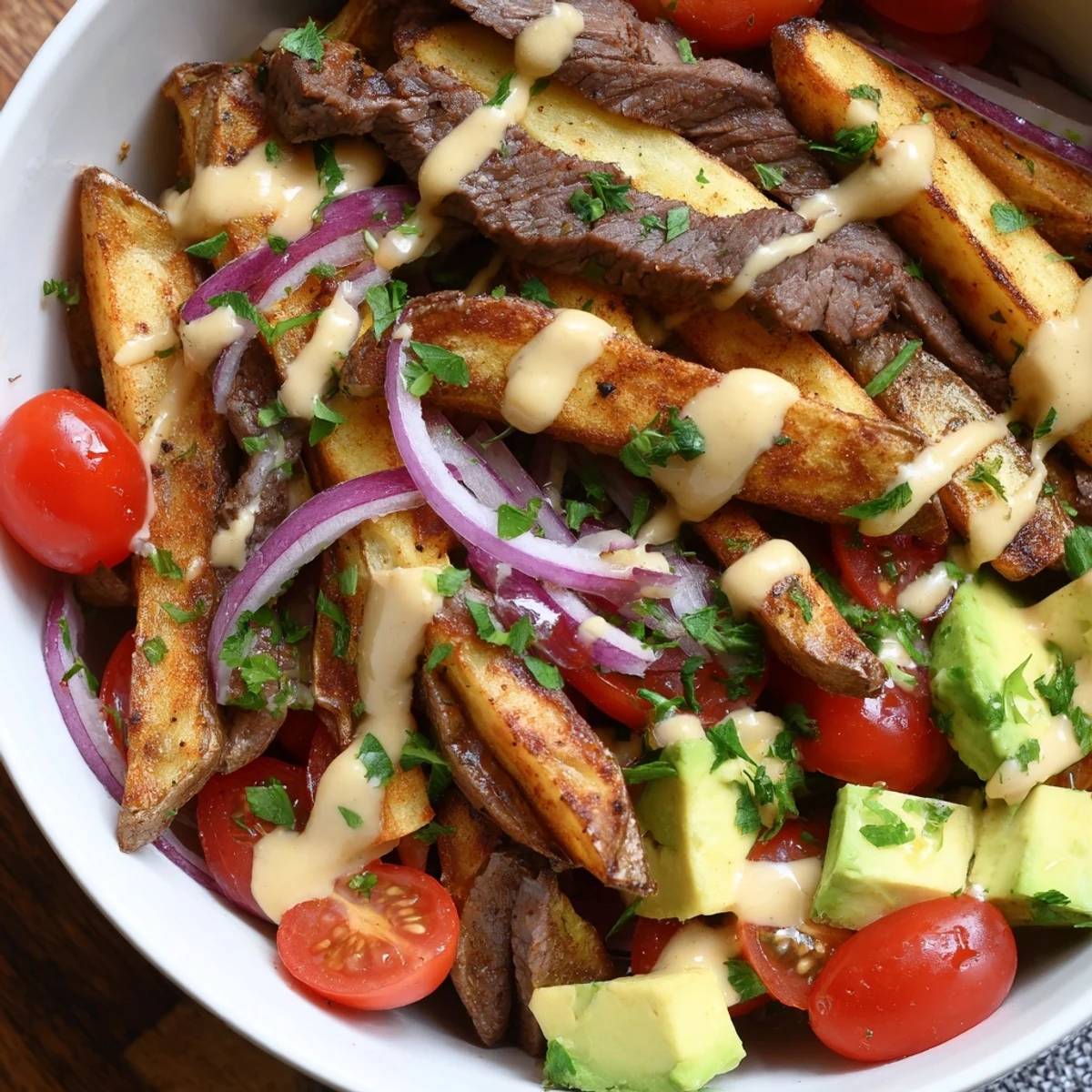 Tender seared steak strips crispy fries bowl topped with fresh avocado and tomatoes