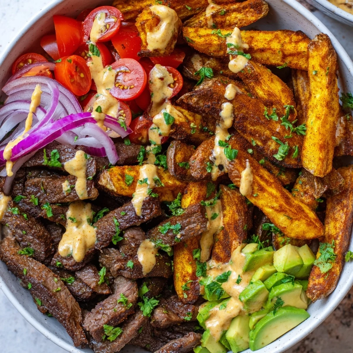 Hearty steak strips crispy fries bowl garnished with parsley and savory mustard sauce