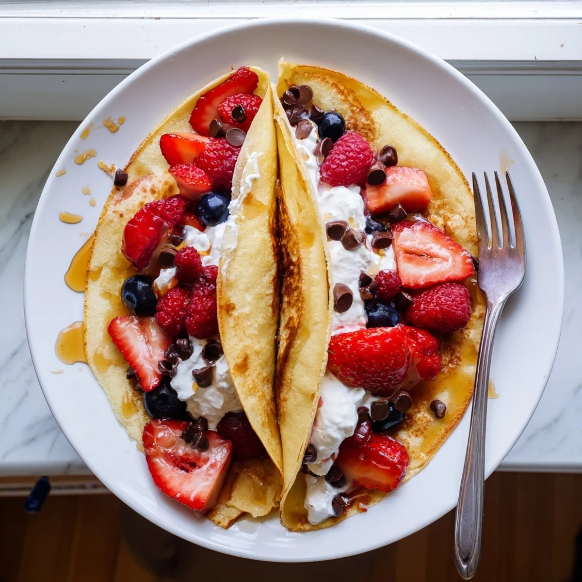 Golden fluffy pancake tacos stuffed with fresh berries and drizzled maple syrup