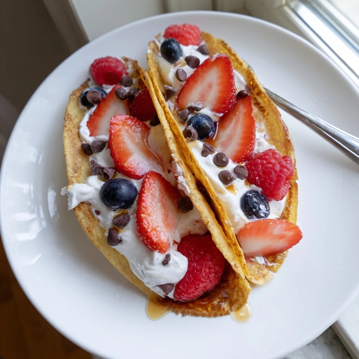 Soft pancake tacos topped with whipped cream, banana slices, and chocolate chips