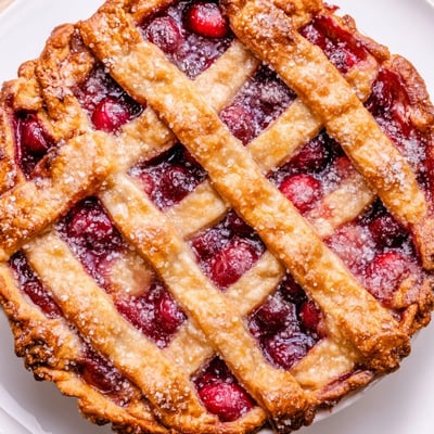 Sliced wedge of Cherry Pie with Lattice Crust and Sugar rests on a white plate beside a scoop of melting vanilla ice cream.