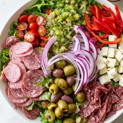 Colorful chopped salad topped with salami, mortadella, and pickled giardiniera in a large bowl.