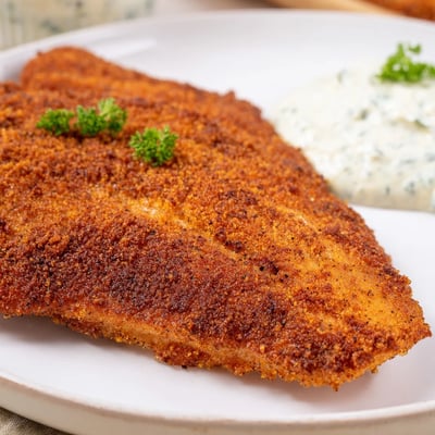 Crispy Southern-style catfish fillets with a golden, crunchy cornmeal crust beside lemon wedges.  