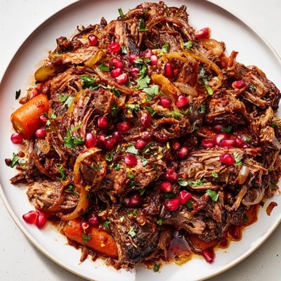 Savory Braised Lamb Shoulder with Pomegranate rests on a platter, its tender meat shredding easily beside a rustic pot of sauce.  