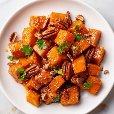 Tender maple-roasted sweet potatoes with crunchy pecans, served warm as a vibrant autumn side dish.