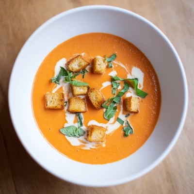 Creamy tomato and basil soup with croutons, steaming in a rustic bowl alongside fresh basil garnish.  