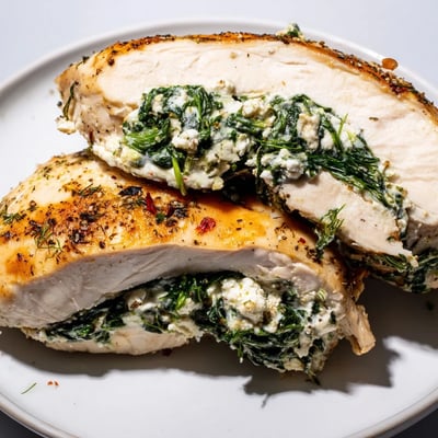 Golden-brown stuffed chicken breasts featuring a vibrant green spinach and creamy feta filling.