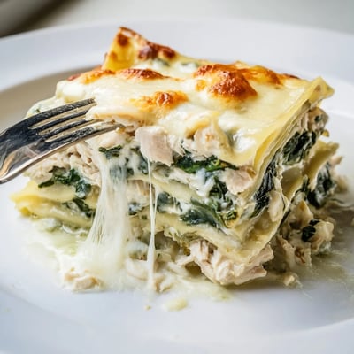 White chicken lasagna layers with tender shredded chicken spinach and rich creamy sauce