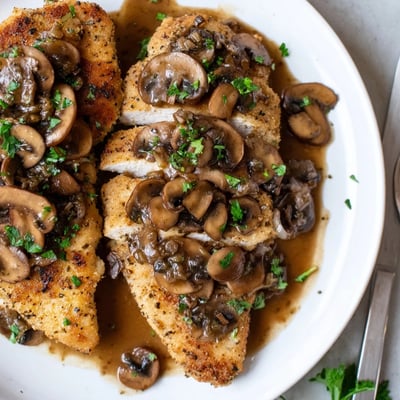 Tender dairy free chicken marsala with caramelized cremini mushrooms in a glossy skillet sauce