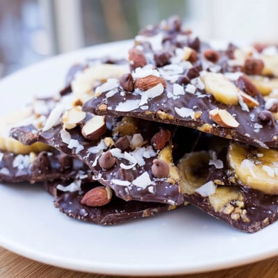 Creamy melted chocolate poured over ripe banana slices sprinkled with shredded coconut