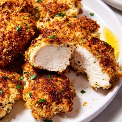 Juicy Paprika Parmesan Chicken sliced open showing tender meat with a vibrant herb garnish