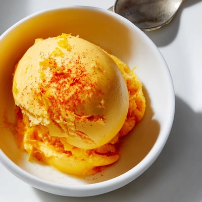 Golden creamy chili lime mango sorbet glistening with tropical zest and warmth