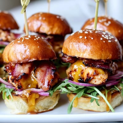 Crispy bacon and juicy maple glazed chicken sliders topped with gooey cheddar
