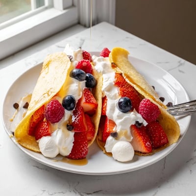 Warm pancake tacos filled with scrambled eggs, bacon, and melted cheddar cheese
